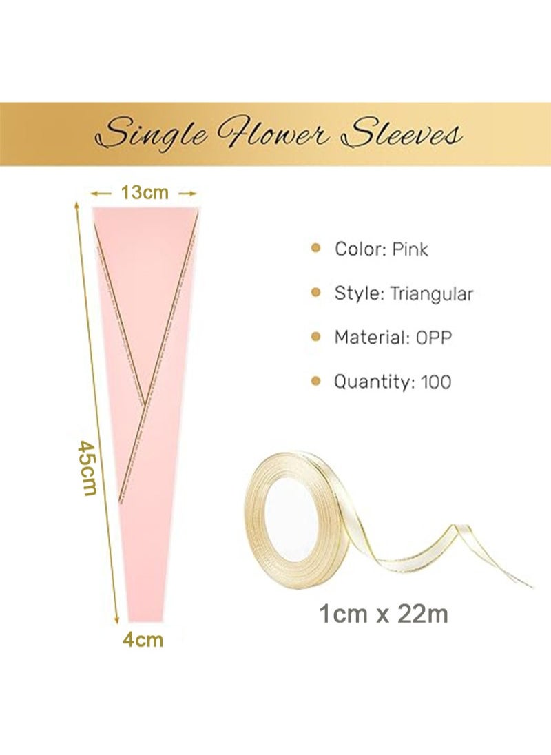 Apustim 50Pcs Single Rose Flower Set Plus A Plate Of 22m Ribbon Set，Flower Packaging Bag，Single Flower Packaging Bag，Suitable For Wedding，Birthday，Florist Supplies Mother's Day （Pink）  - Image 2
