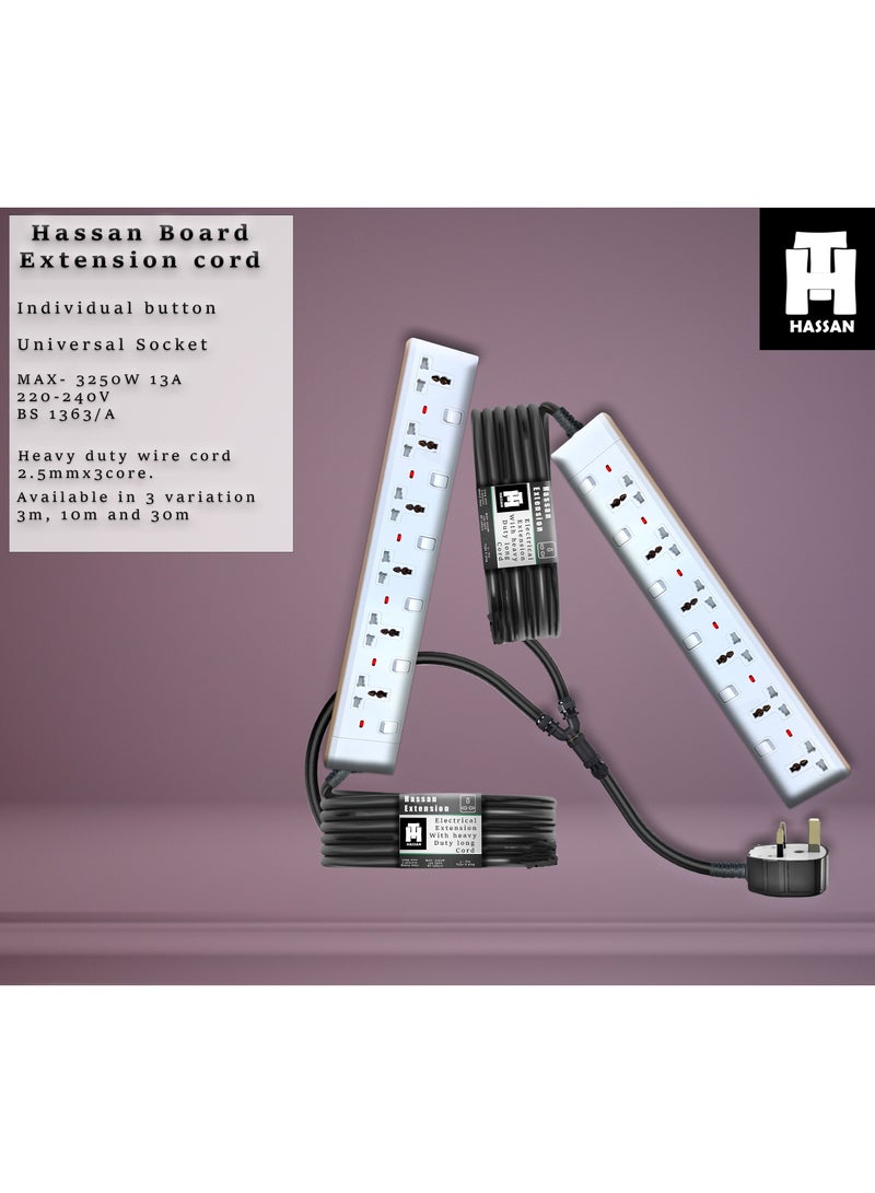 Hassan Twin Extension Power Strip, Dual-Ended, 6 Universal Sockets, Heavy-Duty 13A 3000W, Long Cable Options 3m / 10m / 30m, Flat Plug – For Home & Office - Image 2