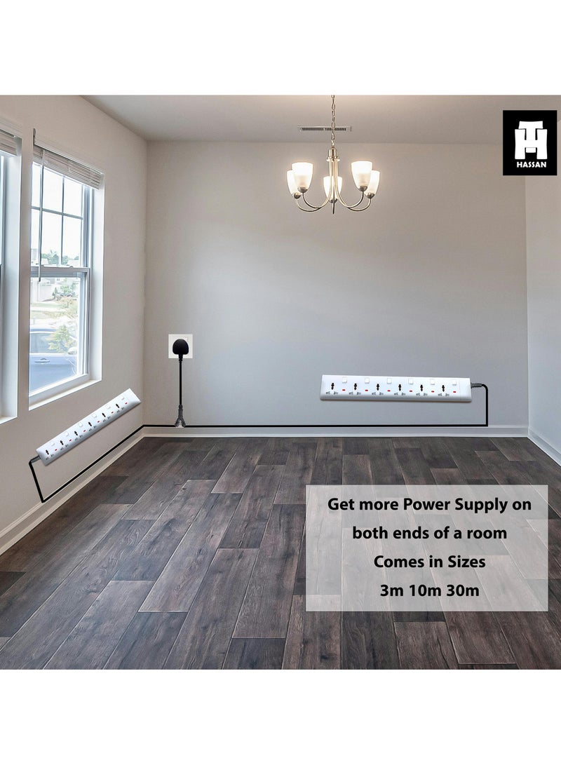 Hassan Twin Extension Power Strip, Dual-Ended, 6 Universal Sockets, Heavy-Duty 13A 3000W, Long Cable Options 3m / 10m / 30m, Flat Plug – For Home & Office - Image 3