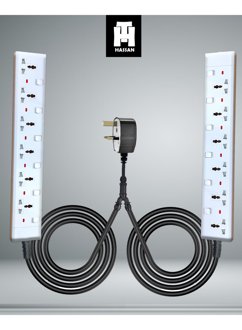 Hassan Twin Extension Power Strip, Dual-Ended, 6 Universal Sockets, Heavy-Duty 13A 3000W, Long Cable Options 3m / 10m / 30m, Flat Plug – For Home & Office - Image 4