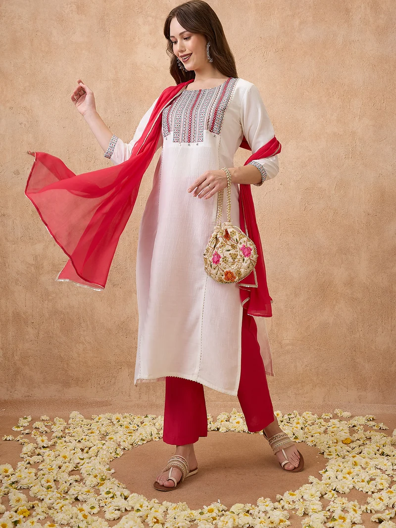 Women Round Neck Embroidered Yoke Straight Kurta With Pants & Dupatta Ethnic Set