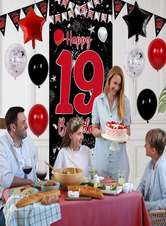 Pounira 19th Birthday Decorations for Boys Girls, Red and Black Happy 19th Birthday Decorations for Men, Boy 19 Year Old Door Banner, Triangle Flag, Large 19 Balloons Decor for 19 Bday Party Supplies - Image 2