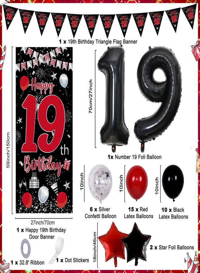 Pounira 19th Birthday Decorations for Boys Girls, Red and Black Happy 19th Birthday Decorations for Men, Boy 19 Year Old Door Banner, Triangle Flag, Large 19 Balloons Decor for 19 Bday Party Supplies - Image 3