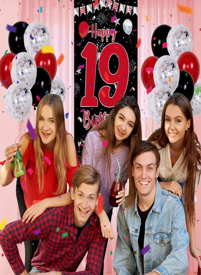 Pounira 19th Birthday Decorations for Boys Girls, Red and Black Happy 19th Birthday Decorations for Men, Boy 19 Year Old Door Banner, Triangle Flag, Large 19 Balloons Decor for 19 Bday Party Supplies - Image 5