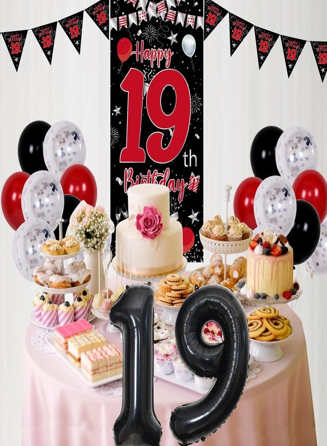 Pounira 19th Birthday Decorations for Boys Girls, Red and Black Happy 19th Birthday Decorations for Men, Boy 19 Year Old Door Banner, Triangle Flag, Large 19 Balloons Decor for 19 Bday Party Supplies - Image 4