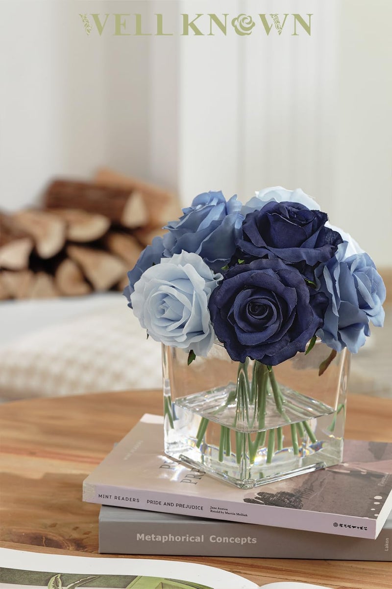 Well Known Rose Artificial Flowers In Vase With Faux Water  Silk Rose Table Centerpieces For Home Coffee Table Decor  Fake Roses Flower Arrangements For Office Hotel Lavatory Decor (Blue) - Image 2