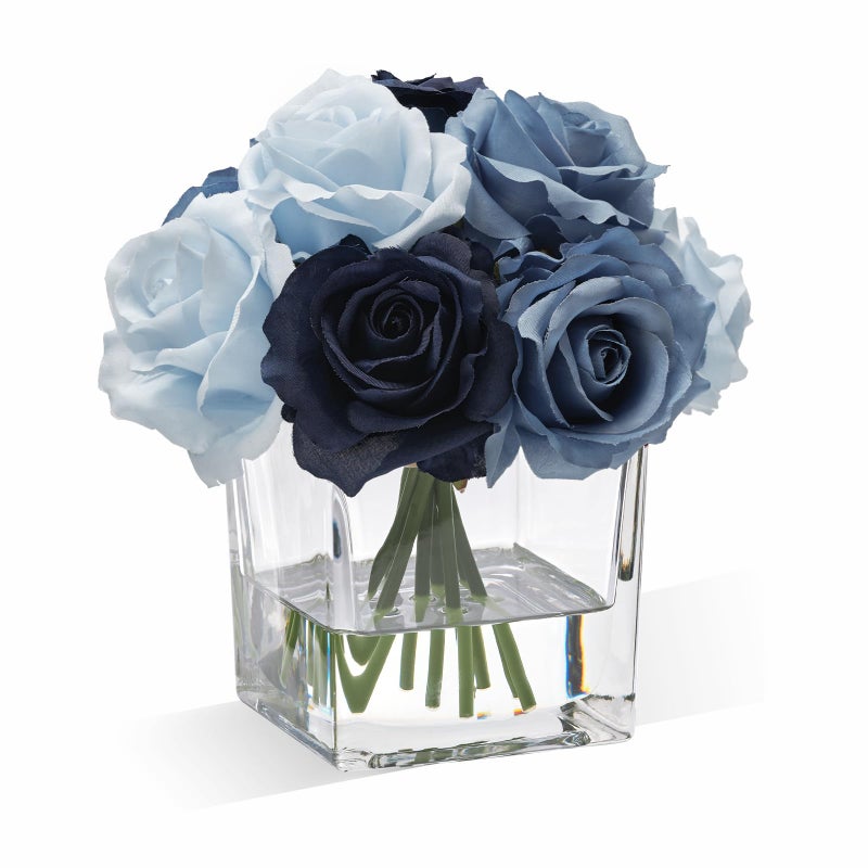 Well Known Rose Artificial Flowers In Vase With Faux Water  Silk Rose Table Centerpieces For Home Coffee Table Decor  Fake Roses Flower Arrangements For Office Hotel Lavatory Decor (Blue) - Image 1