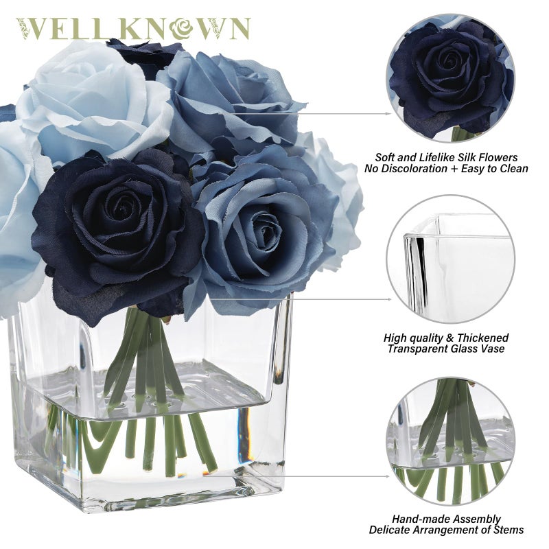 Well Known Rose Artificial Flowers In Vase With Faux Water  Silk Rose Table Centerpieces For Home Coffee Table Decor  Fake Roses Flower Arrangements For Office Hotel Lavatory Decor (Blue) - Image 5