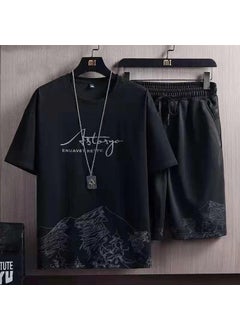 Casual Fashionable Mens Mountain Trendy Loose-Fit Short Sleeve Shorts Two-Piece Sport Suit Summer Special Offer Factory Outlet Black snow mountain suit