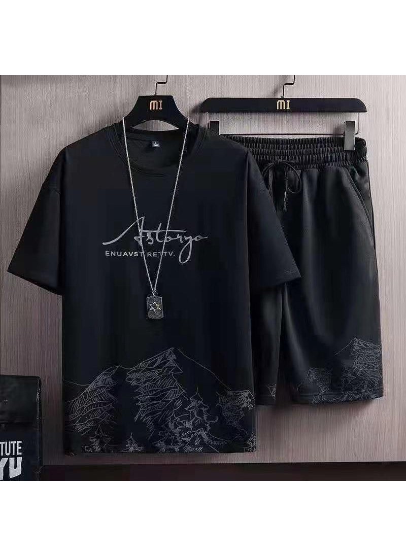 Generic - Casual Fashionable Mens Mountain Trendy Loose-Fit Short Sleeve Shorts Two-Piece Sport Suit Summer Special Offer Factory Outlet Black snow mountain suit - Image 1