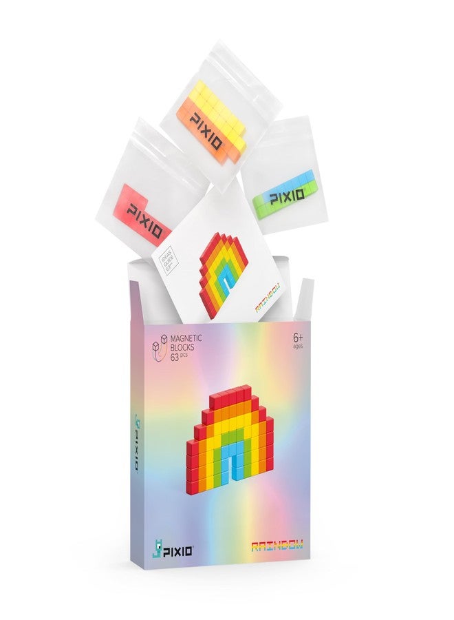 PIXIO Rainbow Tiny Magnetic Blocks Building Toy in The Pixel Art Style with Free App - 5/16" Plastic Cubes with 6 Magnets Inside - Open Ended Creativity Toy for Ages 6+ - 63pcs - Image 1