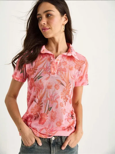 Bianco Lucci LUCCI Flowery Polo Shirt Blouse