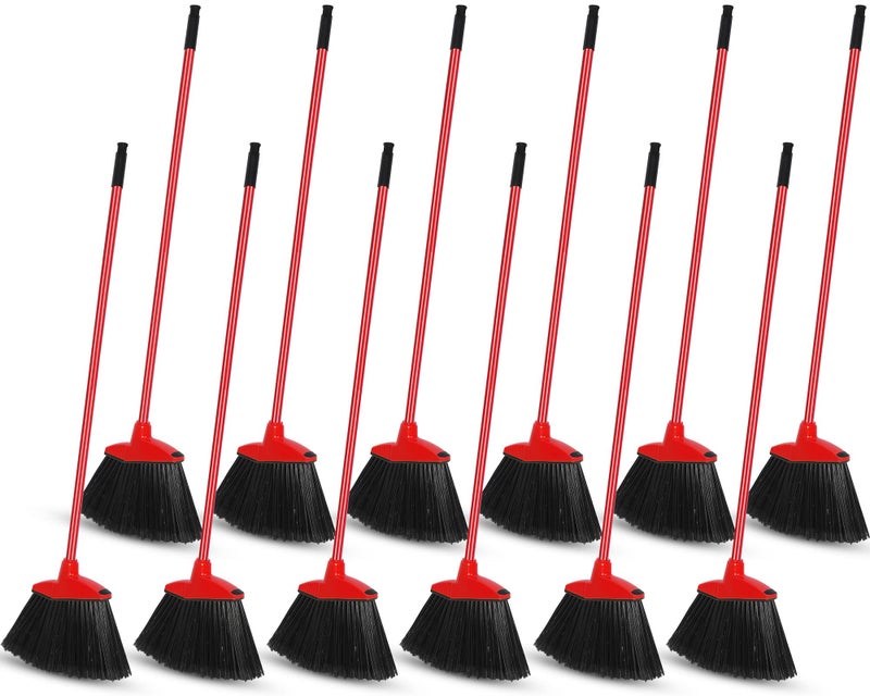 WILLBOND 12 Pcs Heavy Duty Commercial Angle Broom 53 Inch Long Handle for Sweeping Indoor Outdoor  Garage Courtyard Patio Lobby Mall Market Shop Sidewalk Floor Red 