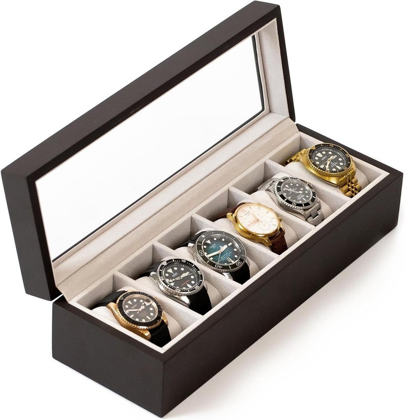 CASE ELEGANCE Solid Espresso Wood Watch Box Organizer with Glass Display Top - Image 1