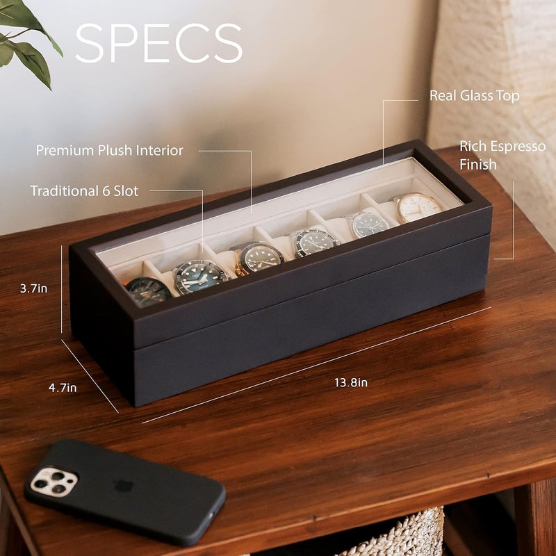 CASE ELEGANCE Solid Espresso Wood Watch Box Organizer with Glass Display Top - Image 3