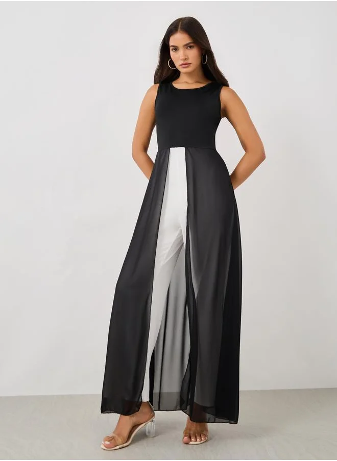 ستايلي Styli Sleeveless Color Block Jumpsuit with Chiffon Skirt Detail