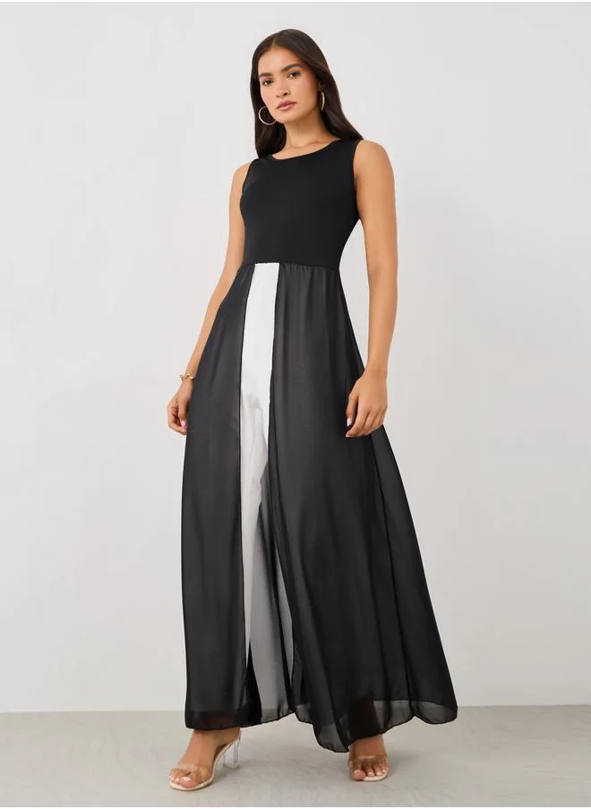 ستايلي Styli Sleeveless Color Block Jumpsuit with Chiffon Skirt Detail