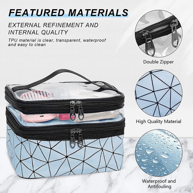 ERHETUS Luxury Double Layer Makeup Pouch for Women | Premium Cosmetic Bag for Girls | Toiletry Pouches Kit with Brush Holder | Travel Wash Bags and inner ware storage organizer - Blue Diamond - Image 3