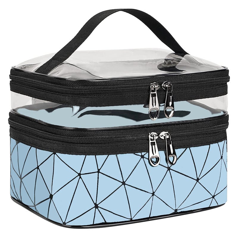 ERHETUS Luxury Double Layer Makeup Pouch for Women | Premium Cosmetic Bag for Girls | Toiletry Pouches Kit with Brush Holder | Travel Wash Bags and inner ware storage organizer - Blue Diamond - Image 1