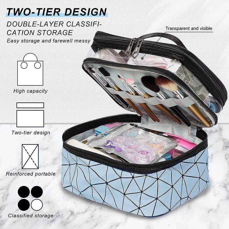 ERHETUS Luxury Double Layer Makeup Pouch for Women | Premium Cosmetic Bag for Girls | Toiletry Pouches Kit with Brush Holder | Travel Wash Bags and inner ware storage organizer - Blue Diamond - Image 2
