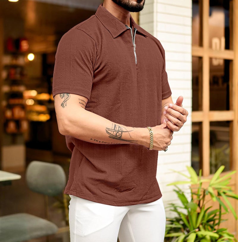 KAJARU Men's 95% Polyster 5% Cotton Regular Fit Polo T-Shirt with Short Sleeve and Zipper as Closure (POLO-8015-BROWN-XXL) - Image 3