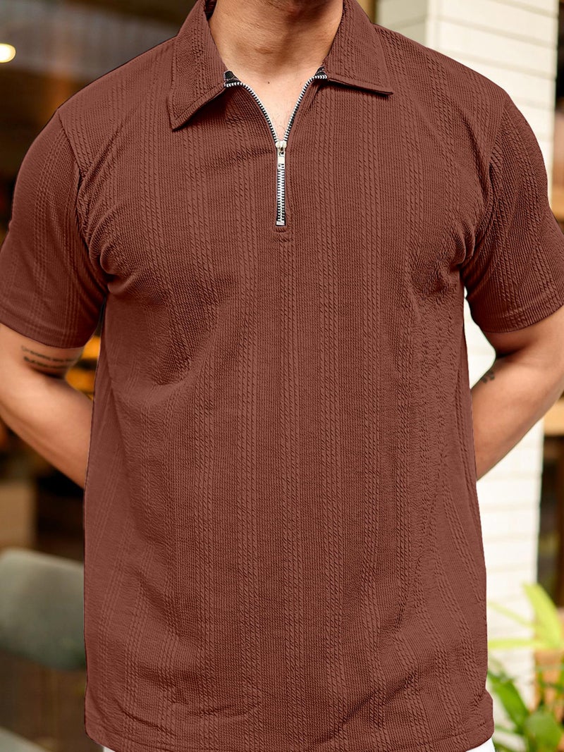 KAJARU Men's 95% Polyster 5% Cotton Regular Fit Polo T-Shirt with Short Sleeve and Zipper as Closure (POLO-8015-BROWN-XXL) - Image 2