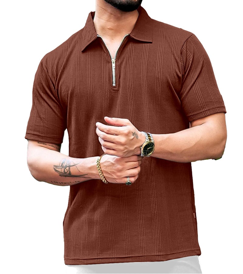 KAJARU Men's 95% Polyster 5% Cotton Regular Fit Polo T-Shirt with Short Sleeve and Zipper as Closure (POLO-8015-BROWN-XXL) - Image 1