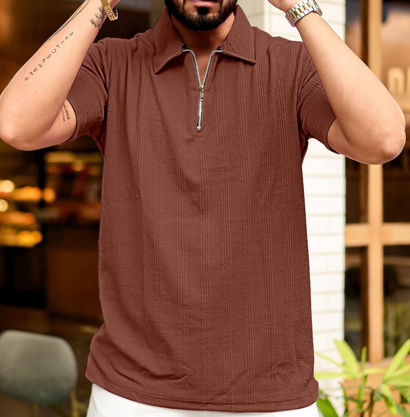 KAJARU Men's 95% Polyster 5% Cotton Regular Fit Polo T-Shirt with Short Sleeve and Zipper as Closure (POLO-8015-BROWN-XXL) - Image 4