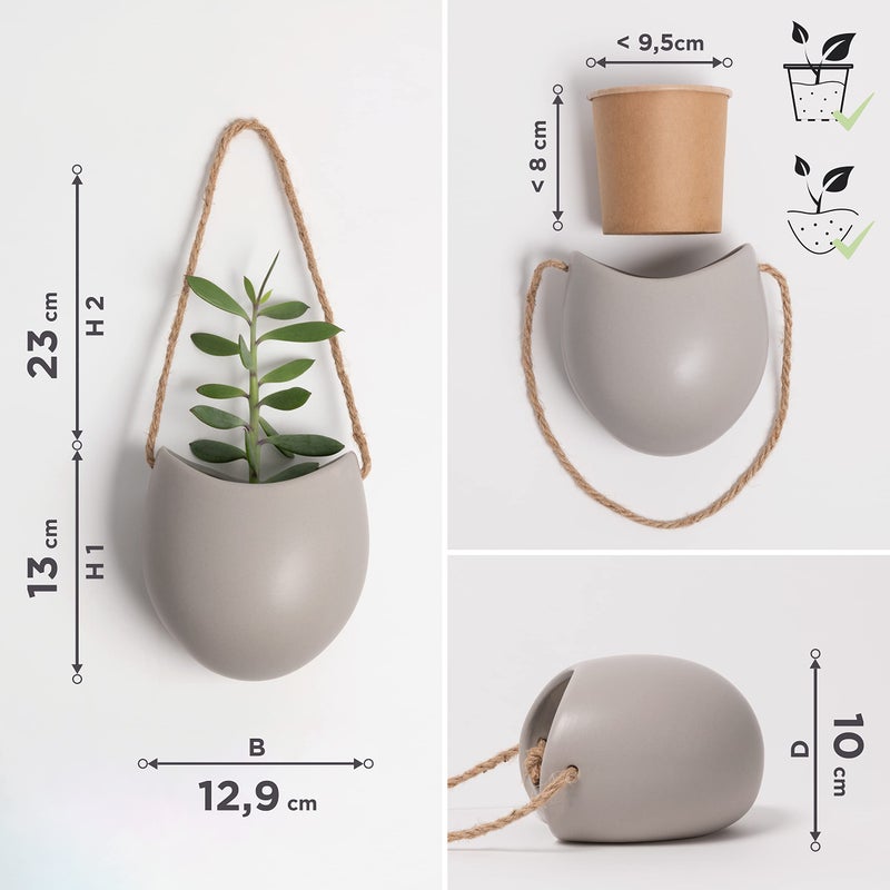 Kazai. Wall Planters -Ellie- | Hanging Ceramic Plant Pots 3 Pieces | Wall Decoration for Indoors, Balcony and Garden | Light Grey (Matte) - Image 5