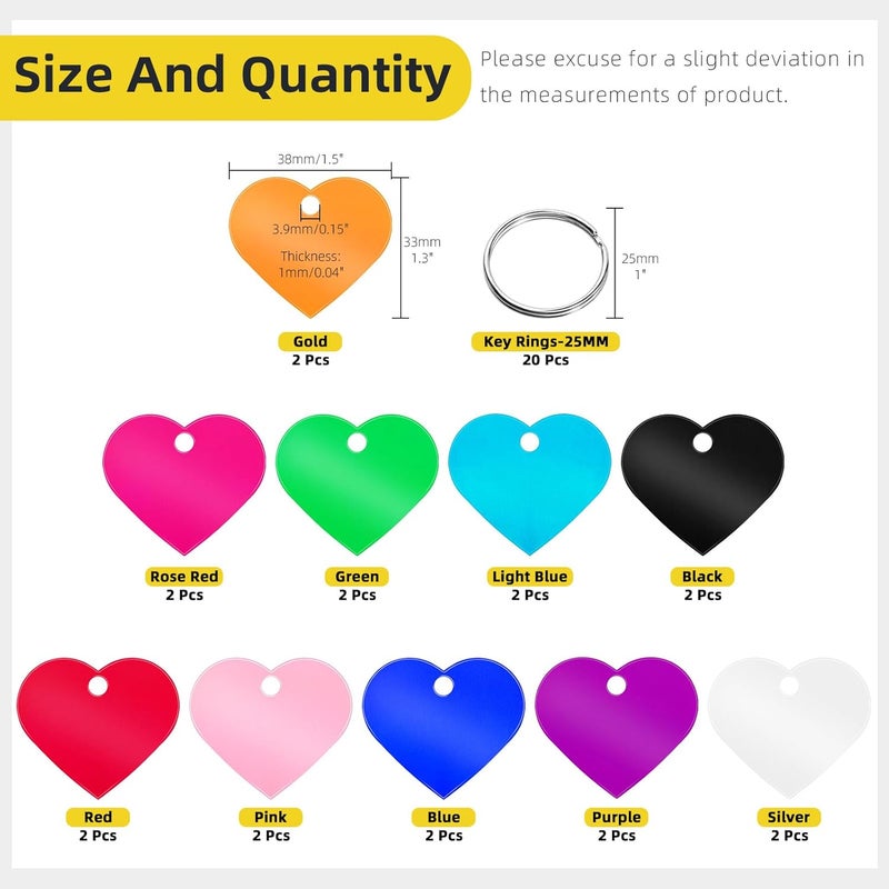 Mardatt 40Pcs(20 Set) Aluminum Blank Tags with Key Ring Kit, 10 Colors Heart Stamping Blanks Engraving Blank Discs Dog Tag Pet Tags for DIY Decorative Craft, 38 x 33 x 1mm - Image 2