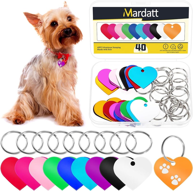 Mardatt 40Pcs(20 Set) Aluminum Blank Tags with Key Ring Kit, 10 Colors Heart Stamping Blanks Engraving Blank Discs Dog Tag Pet Tags for DIY Decorative Craft, 38 x 33 x 1mm - Image 1