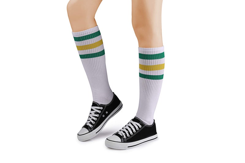 Leotruny Knee High Tube Socks: Over the Calf Retro Socks - Striped Tube Sock for Men Women White Green Yellow - Image 3