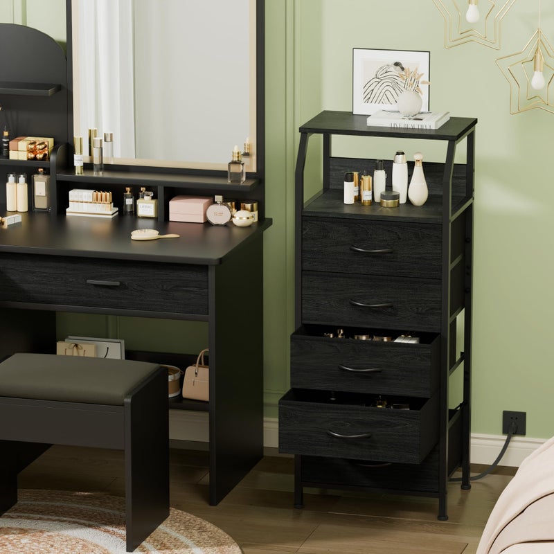 Furnulem 5 Drawers Dresser with Charging Station, Fabric Chest of Drawers with Open Shelf, Tall Night Stand, Bedside Table for Closet, Entryway, Bedroom Furniture, 3 Ways to Use, Black Oak - Image 2
