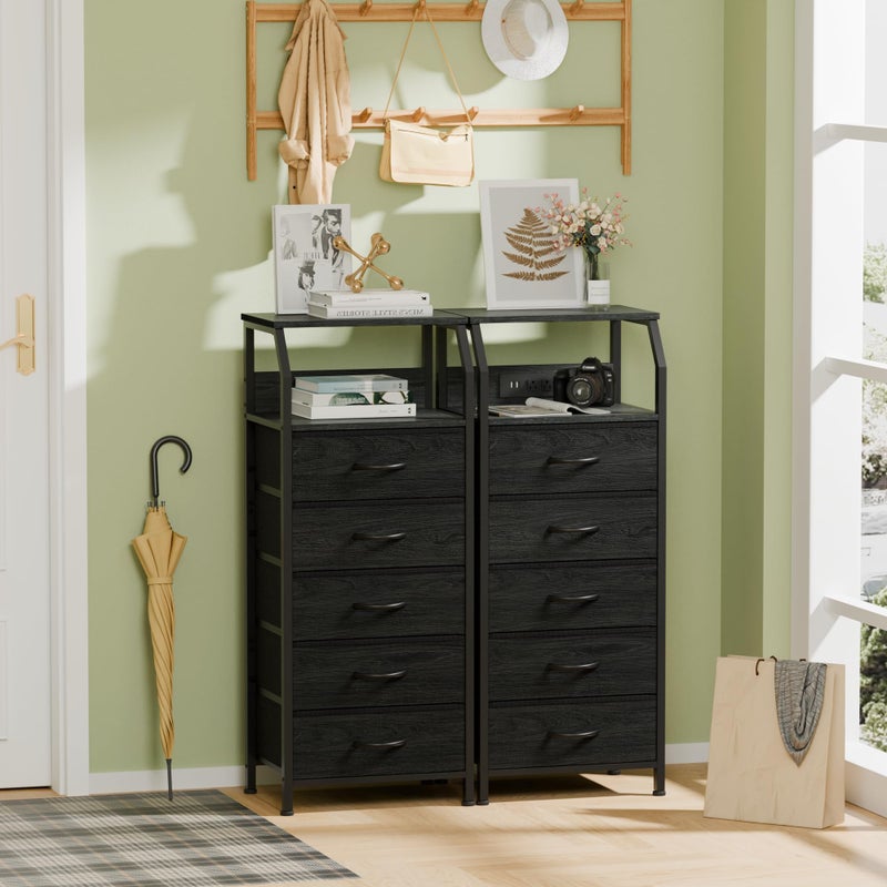 Furnulem 5 Drawers Dresser with Charging Station, Fabric Chest of Drawers with Open Shelf, Tall Night Stand, Bedside Table for Closet, Entryway, Bedroom Furniture, 3 Ways to Use, Black Oak - Image 4