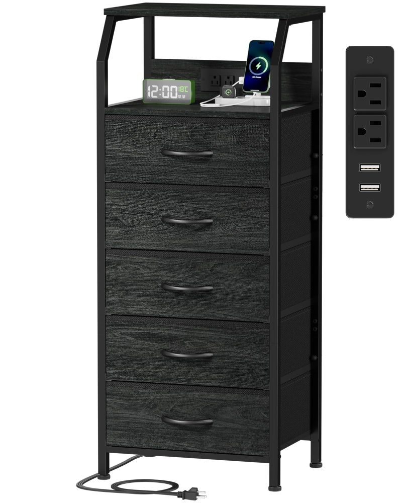 Furnulem 5 Drawers Dresser with Charging Station, Fabric Chest of Drawers with Open Shelf, Tall Night Stand, Bedside Table for Closet, Entryway, Bedroom Furniture, 3 Ways to Use, Black Oak - Image 1