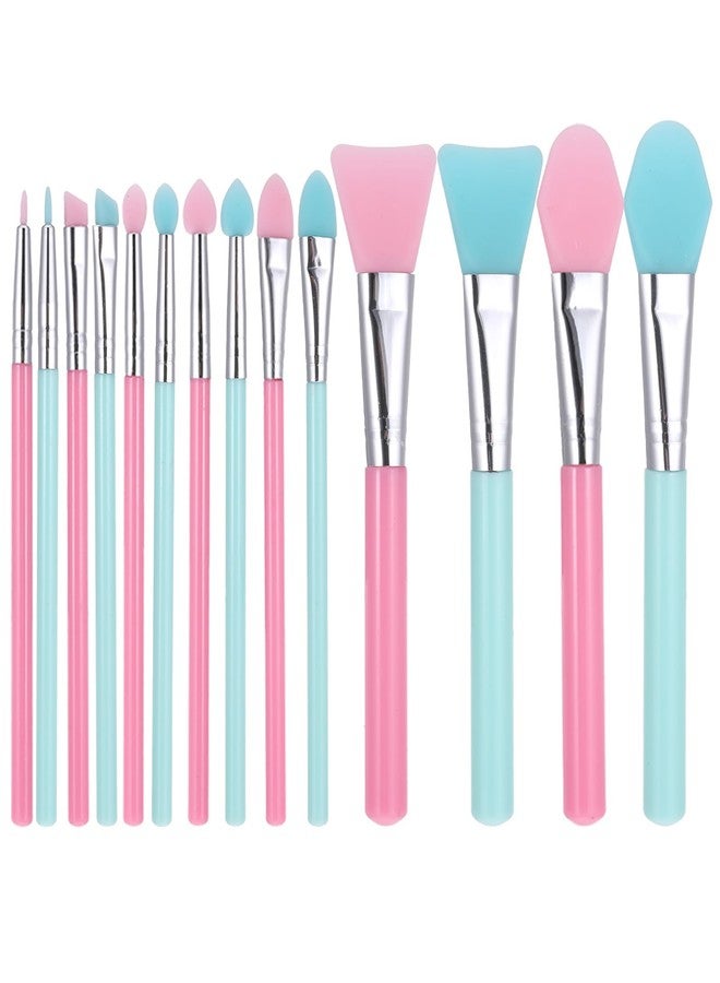 JIYIN 14 Pcs Silicone Makeup Brush Applicator Kit, Silicone Brush Applicator for Cream Makeup Products and UV Resin Epoxy Art Crafting, Resin Face Mask Brushes Green+Pink - Image 1