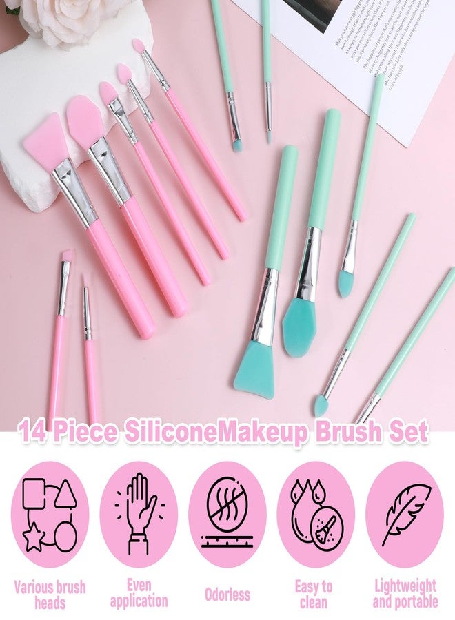 JIYIN 14 Pcs Silicone Makeup Brush Applicator Kit, Silicone Brush Applicator for Cream Makeup Products and UV Resin Epoxy Art Crafting, Resin Face Mask Brushes Green+Pink - Image 4