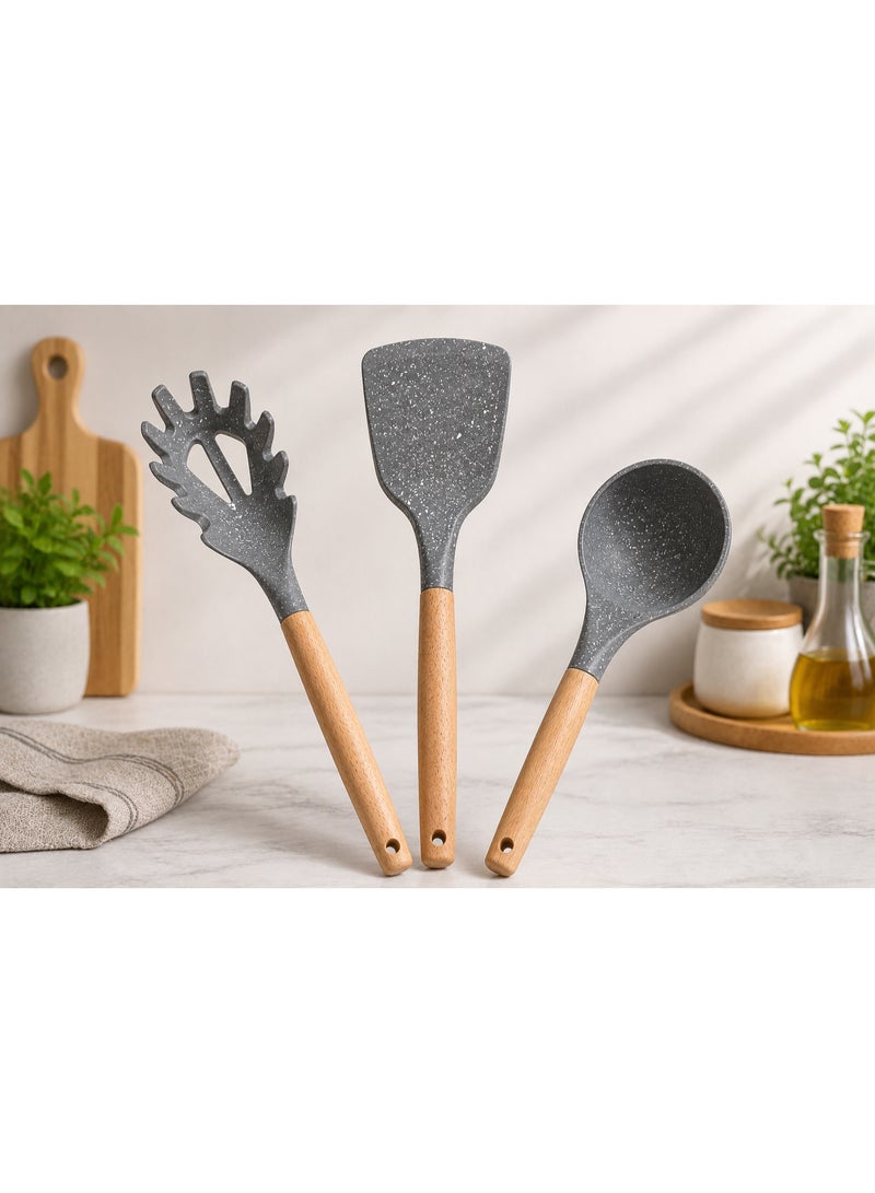 3-Piece Kitchen Utensil Set with Wooden Handles and Heat-Resistant Silicone Tips