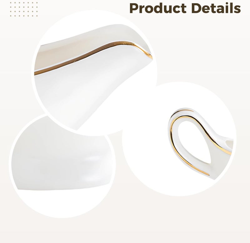 Small White Ceramic Gravy Boat with Gold, Tilted Spout Serving Jug, Open Handle, Ideal for Parties and Housewarming Gifts - Image 2