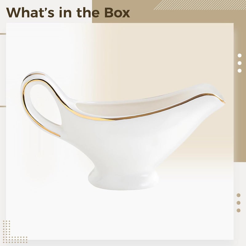 Small White Ceramic Gravy Boat with Gold, Tilted Spout Serving Jug, Open Handle, Ideal for Parties and Housewarming Gifts - Image 4