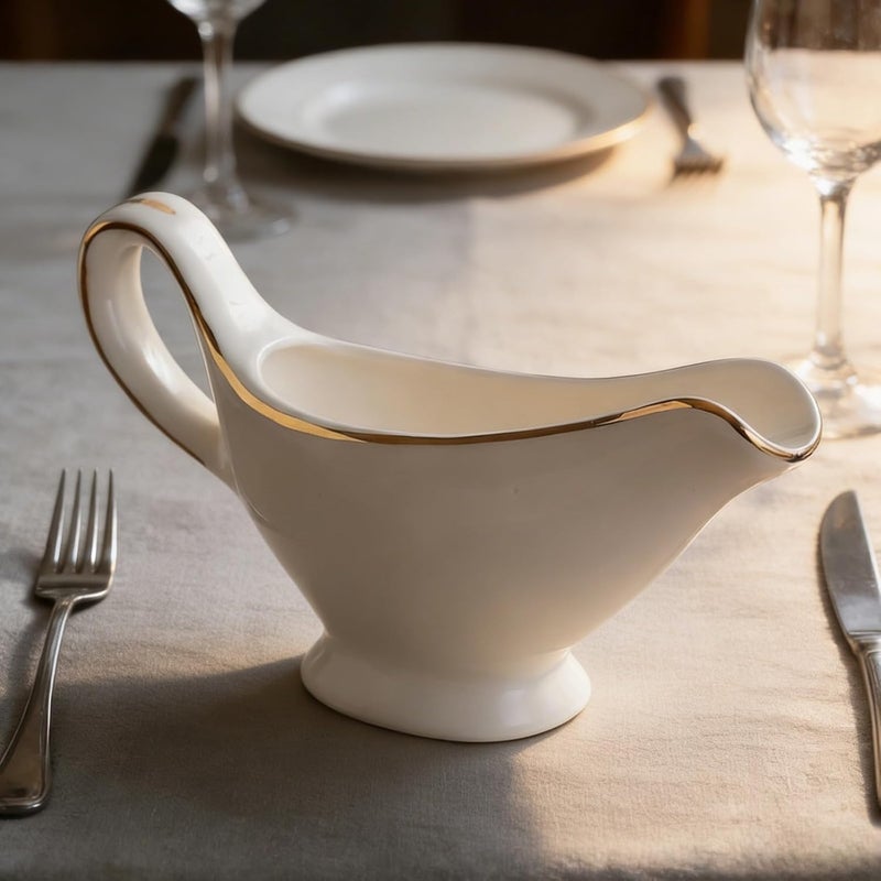 Small White Ceramic Gravy Boat with Gold, Tilted Spout Serving Jug, Open Handle, Ideal for Parties and Housewarming Gifts - Image 3