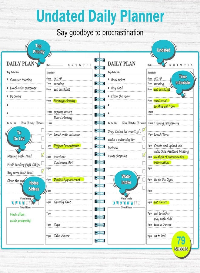 ASTEN Daily Planner Undated, Asten To Do List Notebook Hourly Schedules Spiral Appointment Planner for Men and Women,PVC Hardcover,Elastic Closure, Inner Pocket 8.3" x 5.8" (Blue) - Image 2