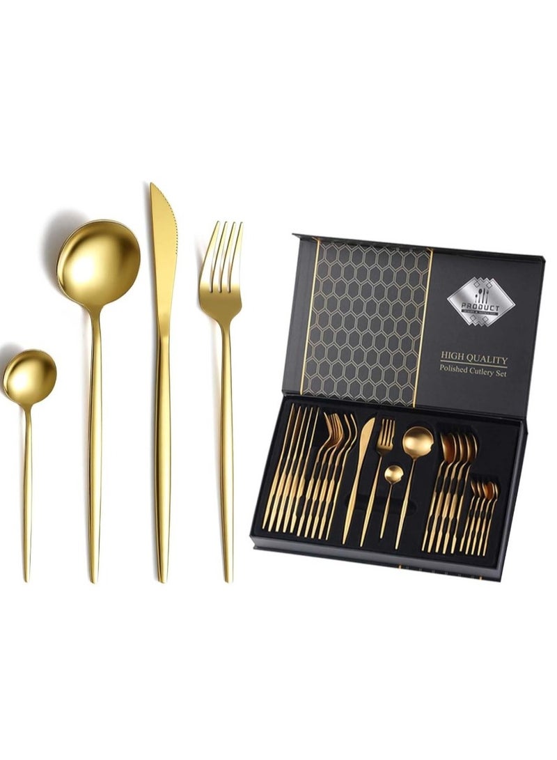 Golden Spoon Set, 24 Pieces in Premium Carton Box, Premium Quality AR - Silverware Set Stainless Steel Cutlery: 24 Piece Dinnerware Utensils Dinner Forks Spoons Steak Knife Service 6 - 24 Piece Spoon Set - 6 Person Cutlery Set, 24 Piece Cutlery Set Black Gold Matt, Dinner Set with Knife Fork Spoon, Stainless Steel Cutlery Set, Dishwasher Safe - Image 1