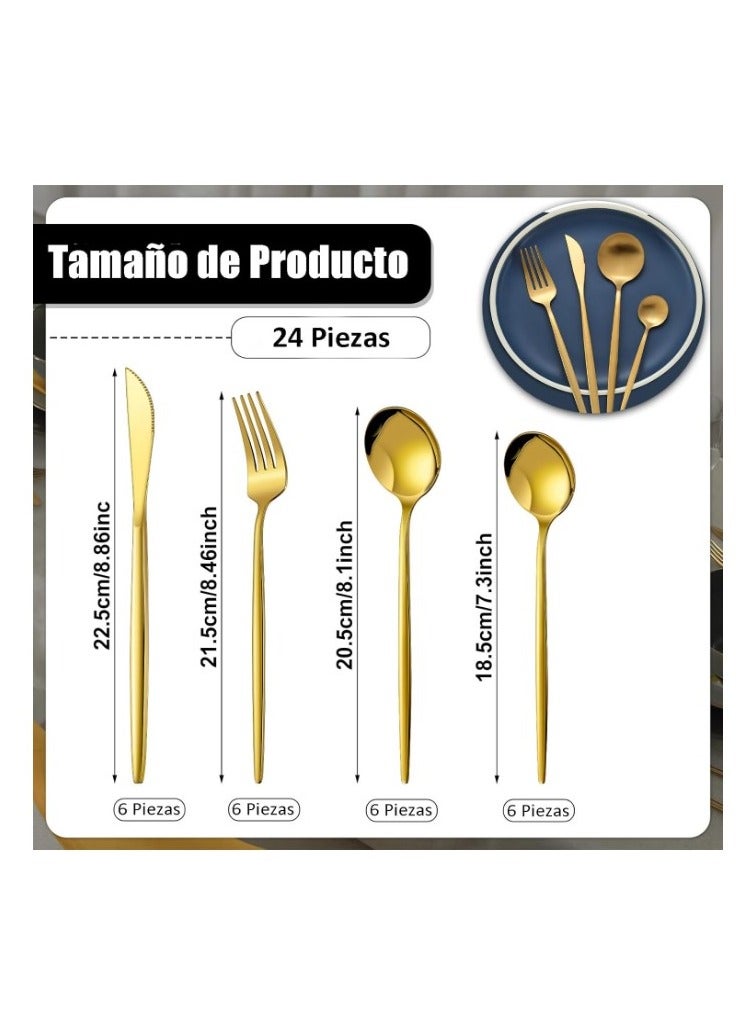 Golden Spoon Set, 24 Pieces in Premium Carton Box, Premium Quality AR - Silverware Set Stainless Steel Cutlery: 24 Piece Dinnerware Utensils Dinner Forks Spoons Steak Knife Service 6 - 24 Piece Spoon Set - 6 Person Cutlery Set, 24 Piece Cutlery Set Black Gold Matt, Dinner Set with Knife Fork Spoon, Stainless Steel Cutlery Set, Dishwasher Safe - Image 3