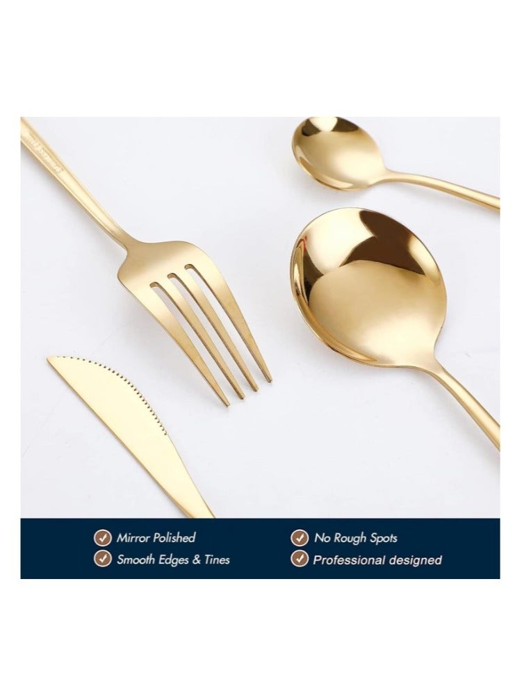 Golden Spoon Set, 24 Pieces in Premium Carton Box, Premium Quality AR - Silverware Set Stainless Steel Cutlery: 24 Piece Dinnerware Utensils Dinner Forks Spoons Steak Knife Service 6 - 24 Piece Spoon Set - 6 Person Cutlery Set, 24 Piece Cutlery Set Black Gold Matt, Dinner Set with Knife Fork Spoon, Stainless Steel Cutlery Set, Dishwasher Safe - Image 5