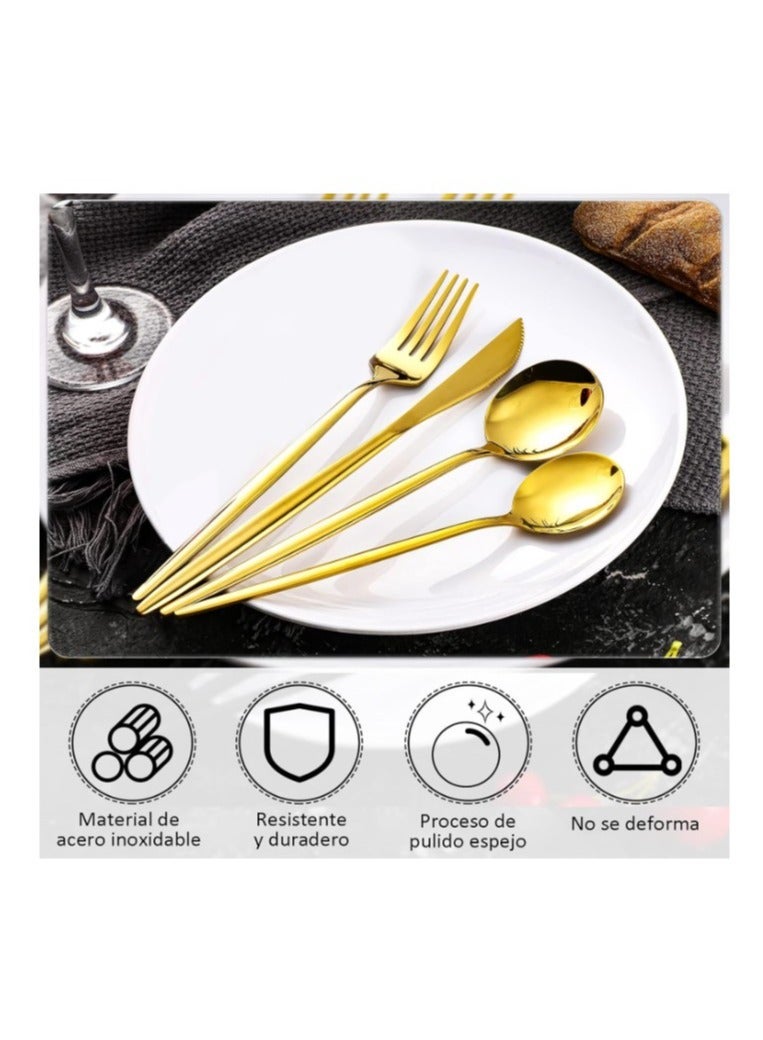 طقم معالق ذهبي-اطقم معالق - طقم شوك وسكاكين ومعالق شيك جدا 24 قطعة -طقم معلقه وشوكه 6 افراد - مجموعة ادوات مائدة ذهبية من الستانلس ستيل : 24 قطعة من ادوات المائدة وشوك وملاعق وسكين شريحة لحم 6 - قم أدوات مائدة يكفي 6 أشخاص ، 24 قطعة، أدوات مائدة مع شوكة سكين، أدوات مائدة من الفولاذ المقاوم للصدأ، آمن للاستخدام في غسالة الأطباق - Image 5