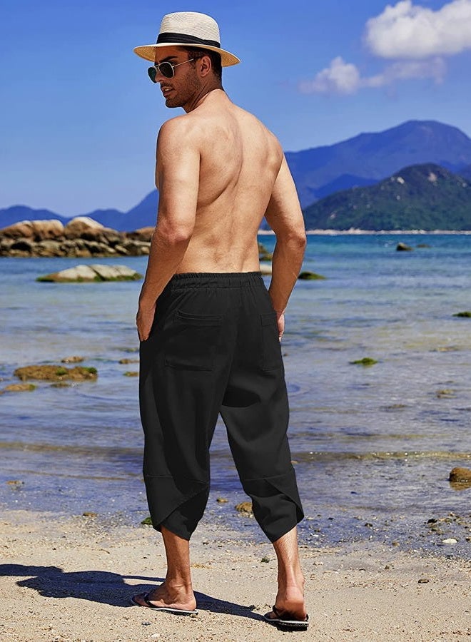 COOFANDY Men's Linen Harem Capri Pants Lightweight Loose 3/4 Shorts Drawstring Elastic Waist Casual Hippie Beach Yoga Trousers Black, M - Image 4