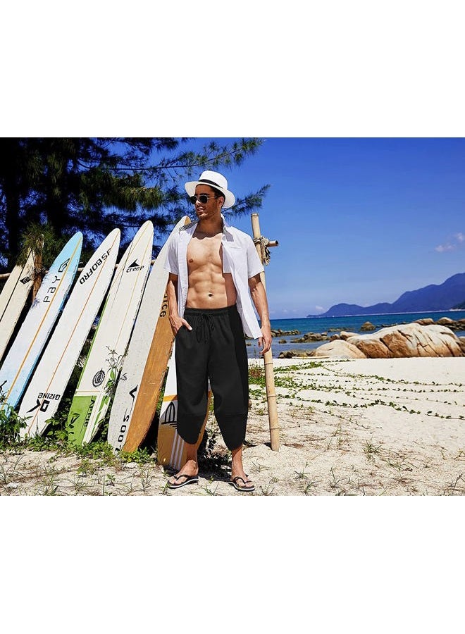 COOFANDY Men's Linen Harem Capri Pants Lightweight Loose 3/4 Shorts Drawstring Elastic Waist Casual Hippie Beach Yoga Trousers Black, M - Image 2