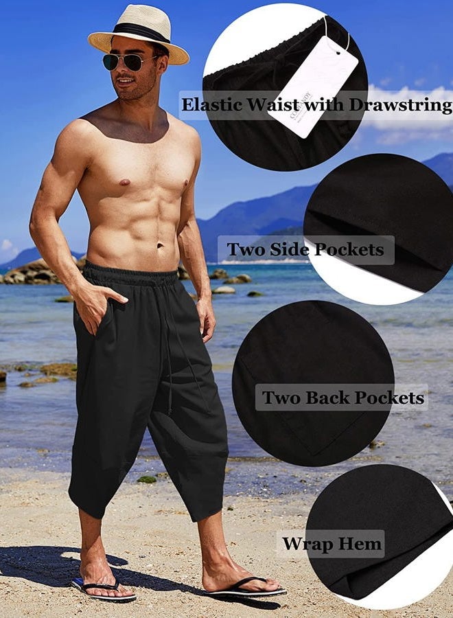 COOFANDY Men's Linen Harem Capri Pants Lightweight Loose 3/4 Shorts Drawstring Elastic Waist Casual Hippie Beach Yoga Trousers Black, M - Image 5