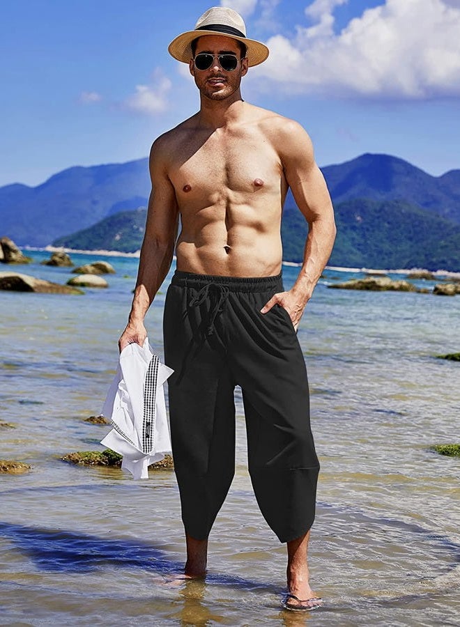COOFANDY Men's Linen Harem Capri Pants Lightweight Loose 3/4 Shorts Drawstring Elastic Waist Casual Hippie Beach Yoga Trousers Black, M - Image 3